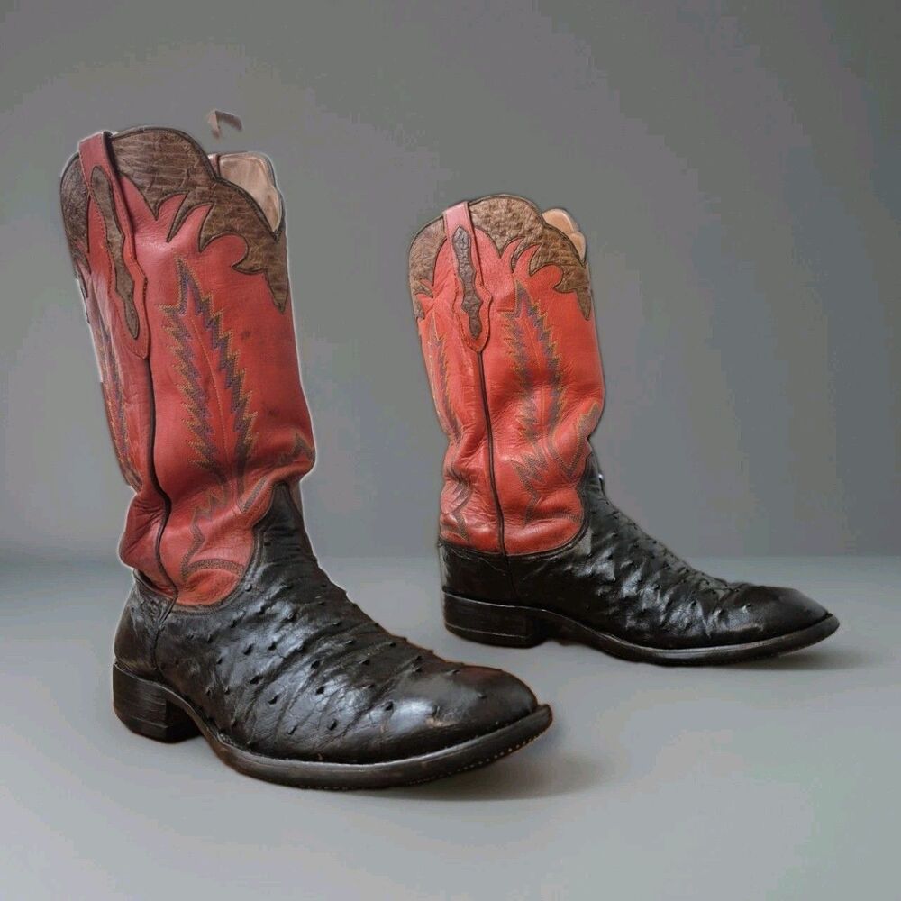 Black Jack  Full Quill Ostrich  Boots 11B Black Red USA Cowboy Western Hand Made